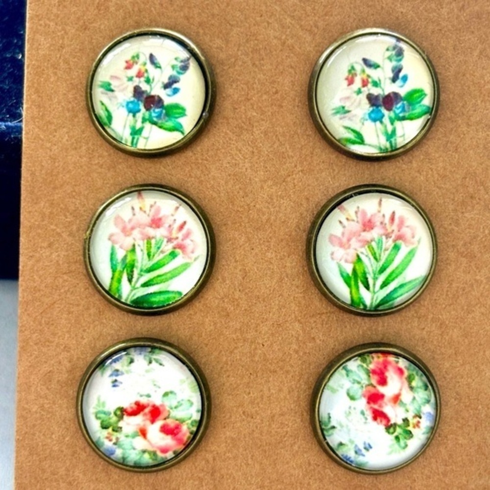 3 Pairs of 12mm Glass Cabochon Floral Print Stud Earrings, NWT, Handmade, Unworn